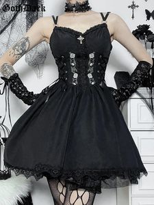 Abiti casual Goth Dark Lolita Estetica gotica Fasciatura Corsetto Stile Grunge Ricamo nero Abito emo Donna A-line Party Alt Vestiti