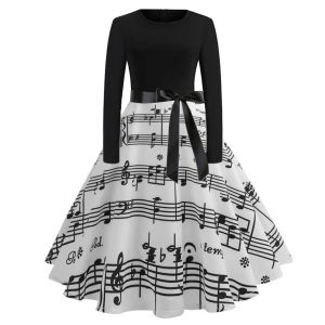 Elbiseler Kadınlar Uzun Kollu Kış Kış Vintage Elbiseler Seksi Siyah Müzik Notu Baskı Vneck Rockabilly Pin Up Parti Elbise Vestidos Plus Boyut