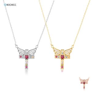 Necklaces KIKICHICC New 925 Sterling Silver Gold Rose Red Love Pink Wing Cross Cupid Pendant Long Chain Wedding Gift Valentine's Day