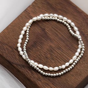 Bangles YIZIZAI Double Layers Freshwater Pearl Bracelet Punk Style Beaded Asymmetric 925 Sterling Silver Suitable Women Fine Jewelry