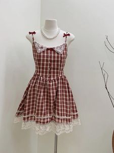 Casual Dresses Summer Vintage Plaid Spets Patchwork Dress for Women 2024 Aesthetic Mini Design Spaghetti Strap A-Line Frocks Party Mori Girl