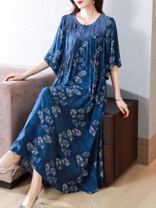 Dresses TIYIHAILEY 2023 New Free Shipping Vintage Women Long MidCalf Summer Denim Half Sleeve Print Loose Chinese Style Dresses