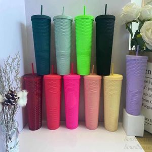 Starbucks Double Pink Durian Laser Straw Cups 710ML Tumblers Mermaid Plastic Cold Water Coffee Cup Gift Mugs2155