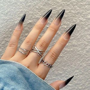 False Nails 24 PCs/Box Long Stiletto Nail Tips Gradient Black Wear Full Cover Manicure Patchs Press On Art Girls Fingernails