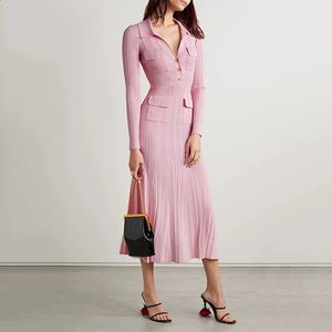 Womens pink knitted medium-length dress senior sense of fashion temperament polo collar waist-skimming long dress 240219