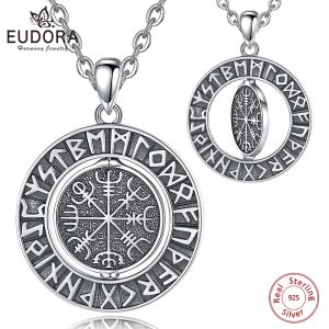 Pingentes Eudora 925 Sterling Silver Viking Runas Pingente para Mulheres Man Man Compass Nórdica Viking AMULET Colar Jewelry de Personalidade Rotativa