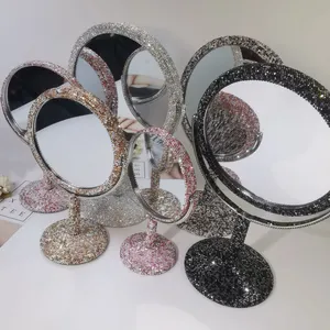 Компактные зеркала с блестящими кристаллами, полностью инкрустированные кристаллами, вращающиеся на 360 градусов настольные зеркала для макияжа, 2 увеличительных зеркала для лица