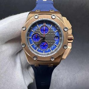 Limited Edition Men Watches VK Quartz Movement Rose Gold Case 45mm Blue Dial Blue Rubber Men Stopwatch.