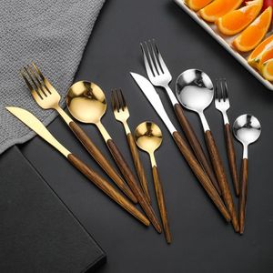 Visual Touch Luxury Silverware Wood Handle Gold Silver Dinner Flatware Set Dessert Spoon Fork Knife Set for Home Commercial319U