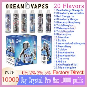 Original UZY Crystal Pro Max 10000 Puff Descartável E Cigarros 1.2ohm Bobina de Malha 16ml Pod Caneta Vape Recarregável 10K Puffs 0% 2% 3% 5% Luz RGB