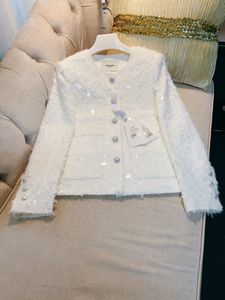 Spring White Solid Color-paljetter Tweed Jacket Lång ärm Runda nackknappar Single-Breasted Jackets Coat Kort Outwear O3O116636