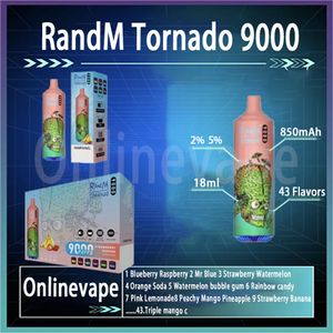 Mais vendidos RandM Tornado 9000 cigarros eletrônicos descartáveis ​​com código verificado puff 9k 2% 5% bateria recarregável 18ml 850mAh 43 sabores