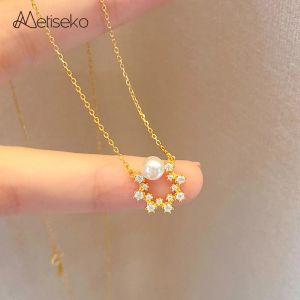 ネックレスMetiseko 925 Sterling Silver Snowflake Choker Necklace Clear Cubic Zirconia Pearl Pendant Choker for Women Party Engagement