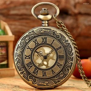Relógios de bolso relógio de moda antiga gravado número romano caso movimento de quartzo oco para homens mulheres camisola corrente presente reloj