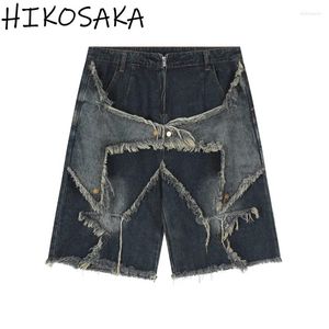 Kvinnors jeans harajuku stjärna rå kant tassel demin halva byxor hög wasit löst skarvad y2k amerikansk vintage streetwear mode vaqueros