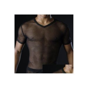 Men'S T-Shirts Men T Shirts Transparent Mesh See Through Tops Tees Sexy Man Tshirt V Neck Singlet Gay Male Casual Clothes T-Shirt Cl Dhznm