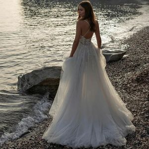 Vestido de noiva feminino com alças cruzadas, decote em v, apliques de renda, praia, fenda lateral, estilo boho