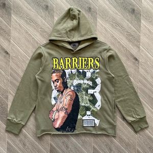 Herren-Kapuzenpullover Barriers Hellgrüner Porträtdruck aus reiner Baumwolle High Street Label 1:1 Loose Fit Sport-Hoodie