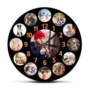 Wall Clocks Custom Family Po Collage 13 Instagram Pictures With Orange Number Black Background Large Hanging Clock Personalized Gift