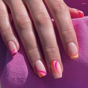 Falska naglar rosa orange franska bärbar nagelkonst söt kort falsk glansig avtagbar färdig tryck på med lim