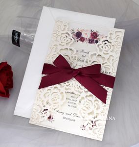 Ivory Shiny Rose Laser Cut Inbjudan för bröllopsficka Fold Flower Printing Wedding Invitation With Ribbon Graduation Invites1160391