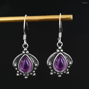 Studörhängen 925 Sterling Silver Drop 7x9mm Natural Amethyst Charoite Vintage Jewelry for Women Party Jubileum Present Partihandel