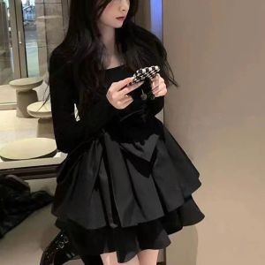 Klänningar koreansk stil långärmad drees kvinnor höst lapptäcke fyrkantiga krage svarta puffy klänningar kvinna mode prom bow svart mini klänning