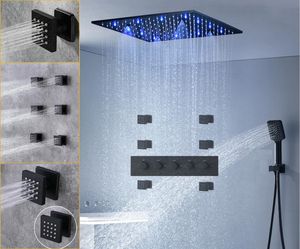 Banheiro de 20 polegadas de massagem preta chuva LED Painel de chuveiro Cabeça Conjunto de torneira termotático Diverante com jatos corporais spray4703975