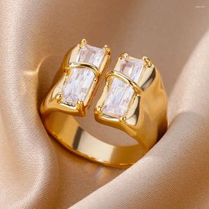 Cluster Rings Irregular Square Zircon For Women Stainless Steel Gold Plated Opening Ring Trend Wedding Party Fashion Jewerly Gift 2024