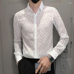 Camicie casual da uomo 2024 Maglia da uomo trasparente Clubwear a rete Slim Fit Manica lunga Camicia di pizzo sexy Evento festa Prom Chemise trasparente