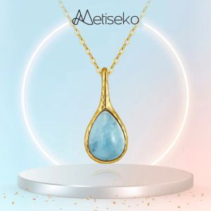 Halsband Metiseko Natural Aquamarine Stone 925 Sterling Silver Necklace Waterdrop Shape Pendant Necklace Plated14k Gold Elegant for Women