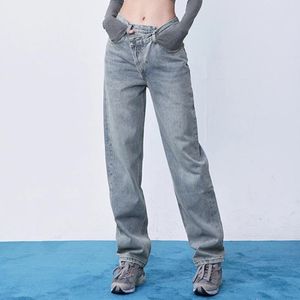 Women's Jeans Womens V Waist Straight Barrel Irregular Beautiful Button Design Trousers Classic Light Blue Denim Pants For Women