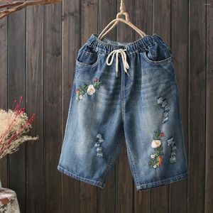 Kvinnors jeans Summer Womens 'Denim Shorts Vintage broderad tvättad hög midja beskuren med elastisk midjeband Löst fit byxor