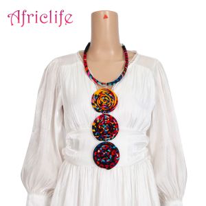 Collana lunga africana con coppia di torsione per donna con 3 dischi Collana di gioielli con dichiarazione tribale africana etnica in tessuto di cotone al 100% WYB779