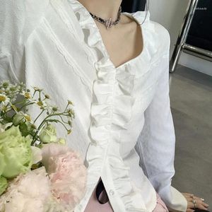 Women's Blouses Women Clothing 2024 Spring Autumn Fold Beautiful White Shirt V Neck Sweet Fashion Tops Single Breasted Casual Shirts