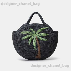 Totes Fashion Coconut Tree Pattern Str Women Handbags Round Corn Husk Woven Hand Bags Handmade Summer Beach Bag Large Tote Purses T240220