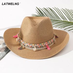 Atacado feminino rosa borla cowboy chapéu floppy praia chapéus de palha verão chapéus senhoras proteção uv chapéu panamá chapéu de sol 240219