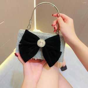 Evening Bags Black Velvet Cloth Bow Bag Fine Fashion Silver Color Shining Diamond Small Square Handbag Wedding Party Clutch For Women