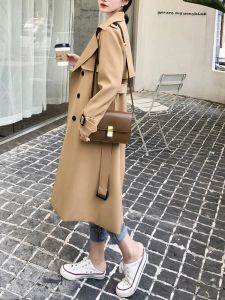 Fones de ouvido versão coreana solto encaixe feminino trench coat 2023 outono/inverno comprimento médio casaco preto estilo clássico fino ajuste blusão