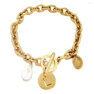 Charme Pulseiras MinaMaMa Vintage Aço Inoxidável Barroco Pérola Inicial Pulseira Para Mulheres Carta Católica Jesus Jóias Presente