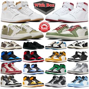 With box 1s jumpman 1 basketball shoes men women Olive Black White Phantom Metallic Burgundy Gold Satin Bred UNC Toe Palomino mens trainers sports outdoors sneakers