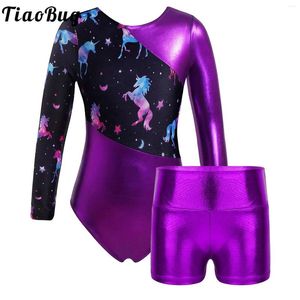 Stage Wear Girls Tie Dye Print Long Sleeve Unitard Costume Set Bronzing Cloth Gymnastic Clothes Bodysuit Jumpsuits Ballet Leotard Dancewear