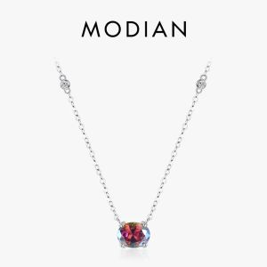 Halsband Modian äkta 925 Sterling Silver Oval Colorful Zircon Female Pendant Luxury Link Chain Necklace For Women Party Fine Jewelry