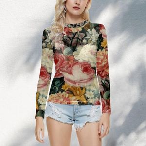 Women's T Shirts Vintage Floral Blouse Round Neck Print Casual Sexy Long Sleeve Slim Fit Mesh Shirt Tops Girl Bottom Tees