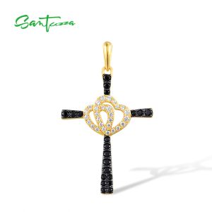 Santuzza Santuzza Pure 925 Sterling Gümüş Kolye Kadınlar için Vintage Cross Love Heart Black Spinel Beyaz CZ Güzel Moda Takı