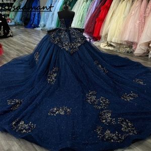 2024 Navy Blue Axelless Ruffles Ball Gown Quinceanera Dresses Sleeveless Gold Appliques Lace Corset Vestidos de 15 Anos