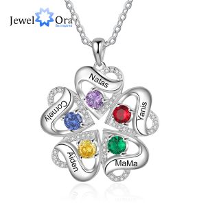 Hängsmycken personlig klöver Lucky Necklace 25 Family Names Birthstone Heart Pendants Mothers Day Jewelry Gift for Women Mom Wife