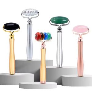 Rolo de jade 3d de cristal natural, pedra de quartzo rosa, rolo de massagem facial rosa dourado, massageador facial, alça de metal, ferramentas de cuidados com a pele