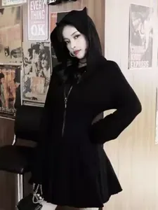 Casual Dresses QWEEK 2024 Autumn Gothic Harajuku Goth Dark Black Hooded Dress With Ears Korean Style Zip Kpop Wrap Mini Short