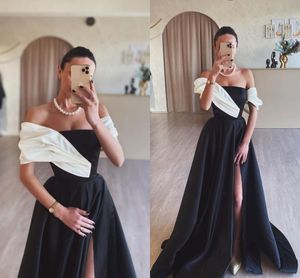 Sexy Black and White A Line Prom Dresses Off Shoulder Short Sleeves High Side Split Pleats Floor Length Evening Party Gowns Formal Wear Birthday Reception Dress